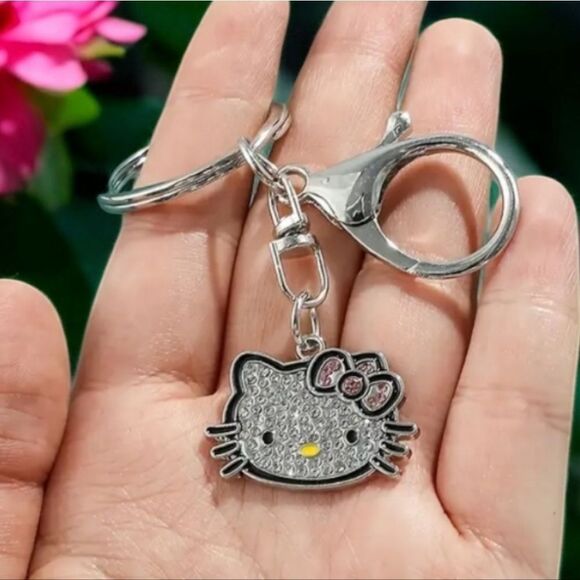 Hello Kitty Rhinestone Keychain Pink Bow Cat Face Charm Fandom Novelty Key Ring - Picture 4 of 8